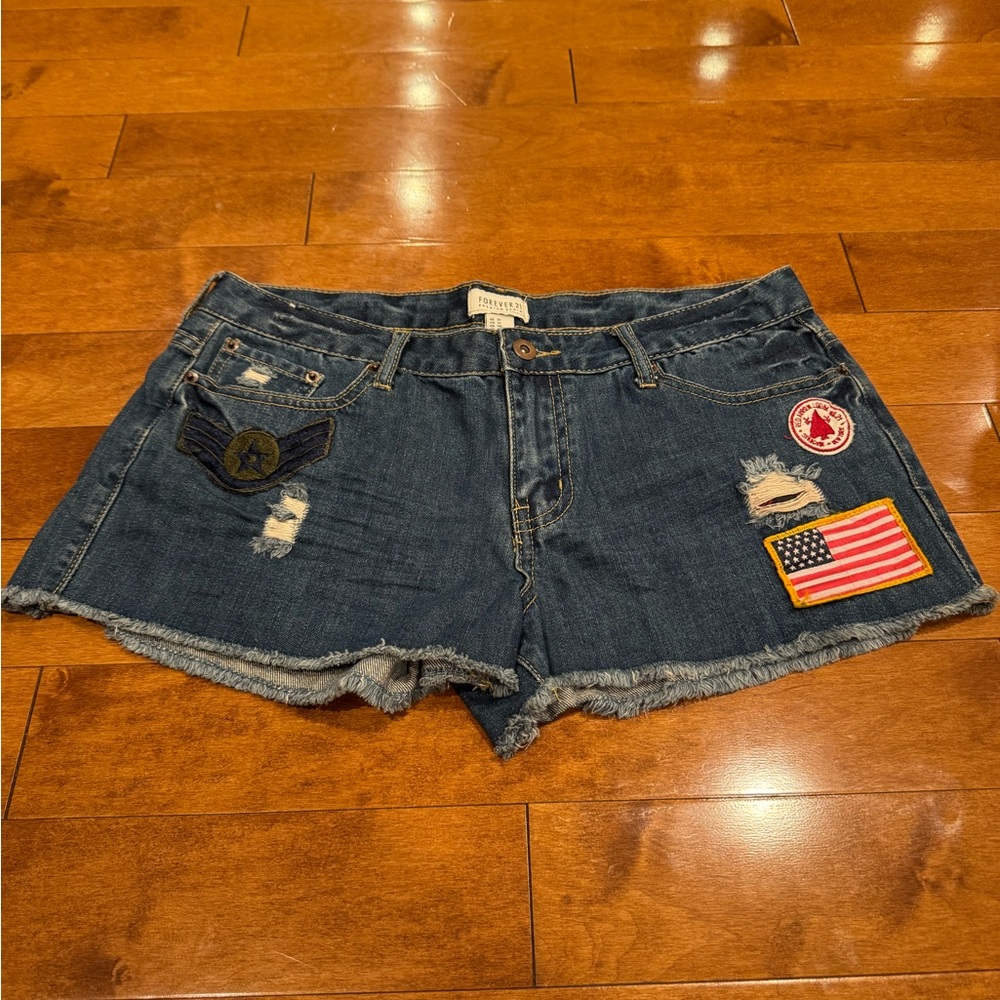 Forever 21 Blue Distressed Jean Shorts with Patches